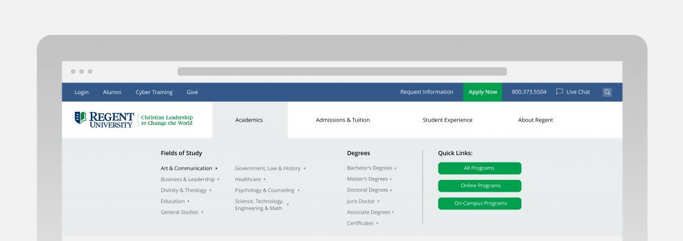 Regent.edu displays the degree programs offered by Regent University.