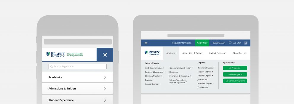 The streamlined mobile and tablet experience offered by the new regent.edu website.