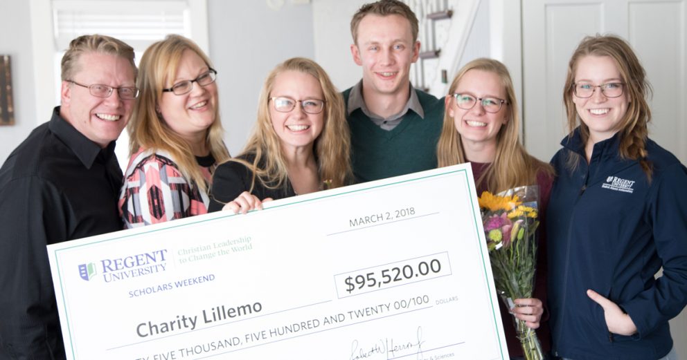 Charity Lillemo, who won a Regent University Dean’s Scholarship, with her family.