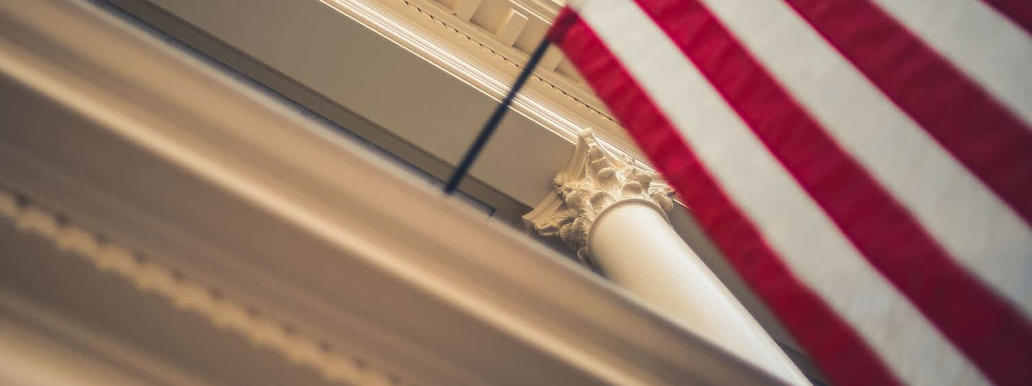 The American flag in Robertson Hall, which houses Regent Law school.