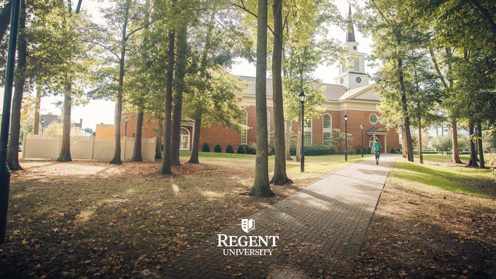 The path leading to Regent University's Dede Robertson Student Center.