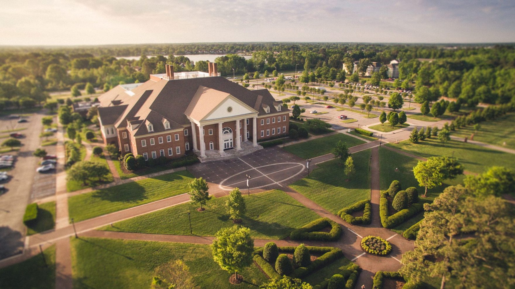 An aerial view of Regent University's Communication building.