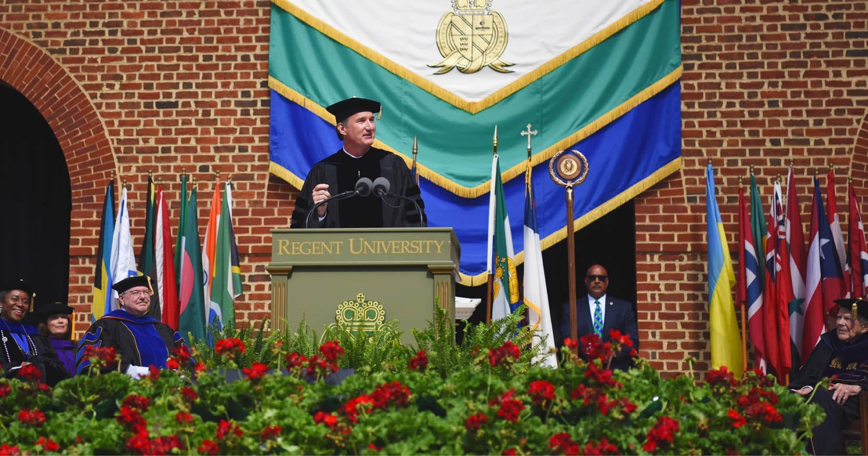 Governor Glenn Youngkin speaking at Regent University's 42nd Commencement in Virginia Beach.