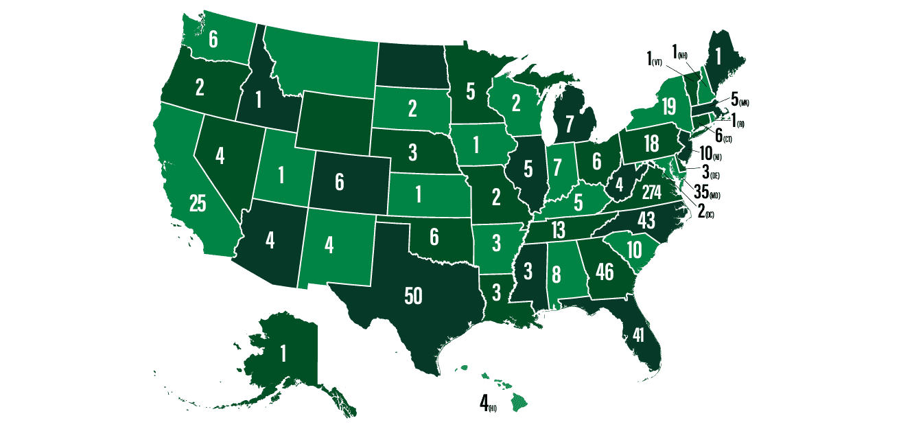 U.S. map of the total number of M.A. in Law alumni working in all 50 states and D.C.: 737.