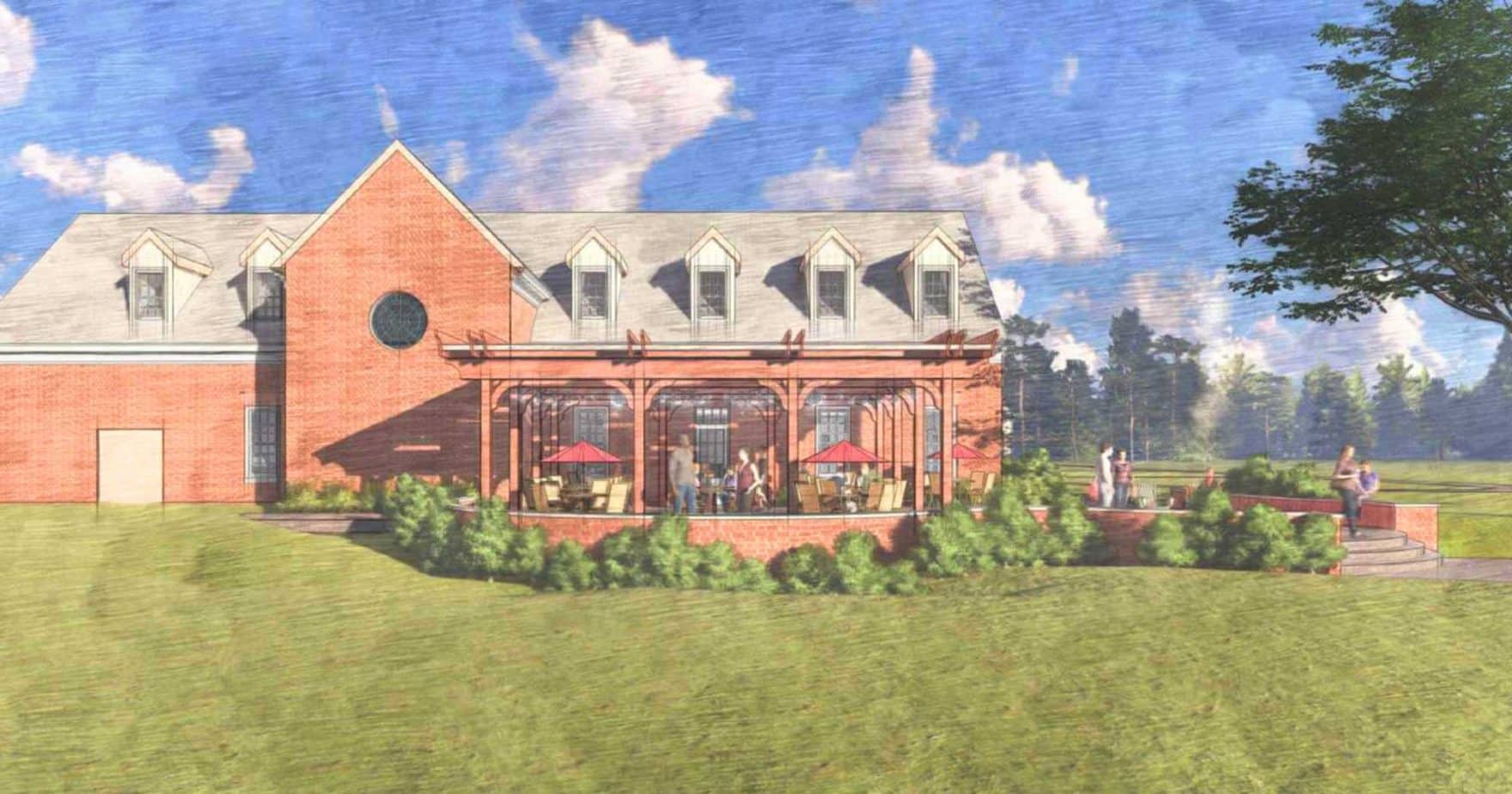 An illustration of the new Dede Robertson Student Center with a new outdoor patio at Regent University in Virginia Beach.