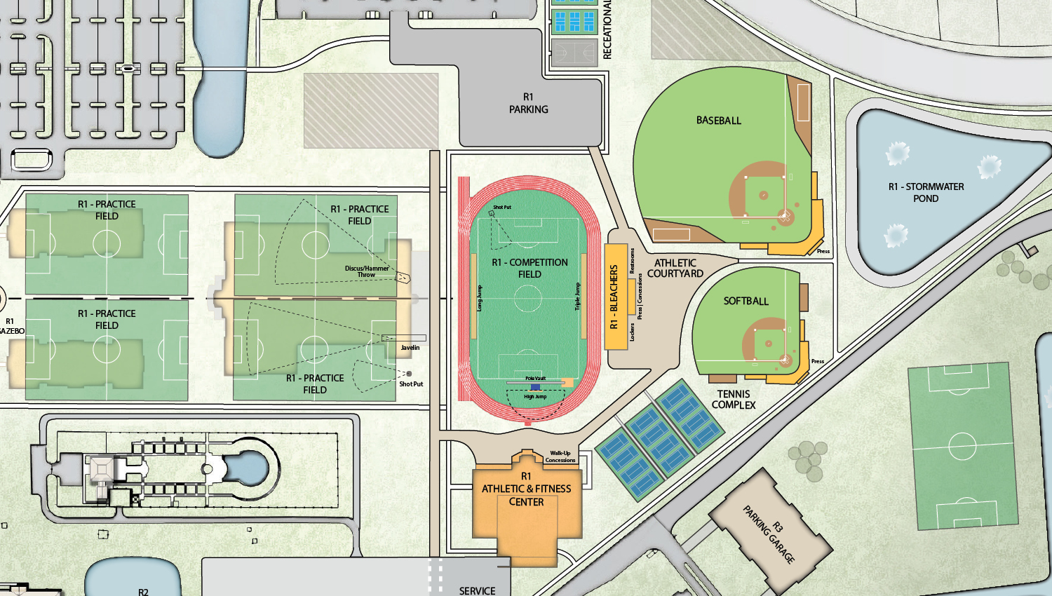 The rendered map for Regent University fundraising for the Royals Rise athletic center campaign.