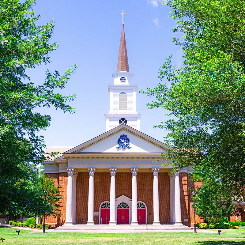 The front view of Regent University's Christian college chapel near Virginia Beach.